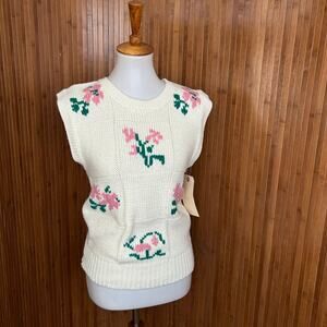 Vintage 1980s Corliss Cream Knit Floral Sweater Vest Medium